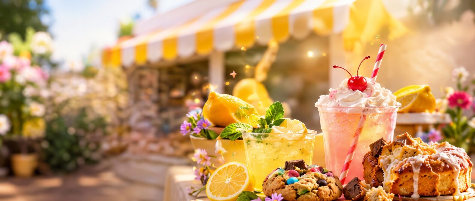 Iced lemonade with mint and citrus, a pink cream-topped drink with a cherry, a chunky cookie and a glazed pull-apart pastry on a sunny market-stall table (styled concept photo)
