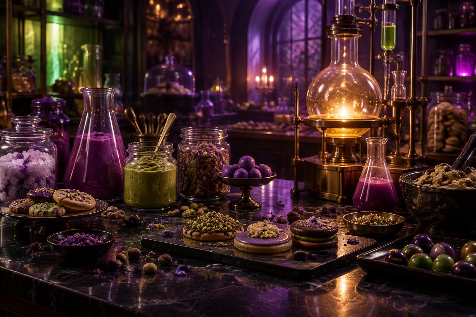 Inside the Sunshine Lab: glass vessels of colorful baking ingredients, experimental cookies and a glowing golden still on a dark laboratory counter (concept illustration)