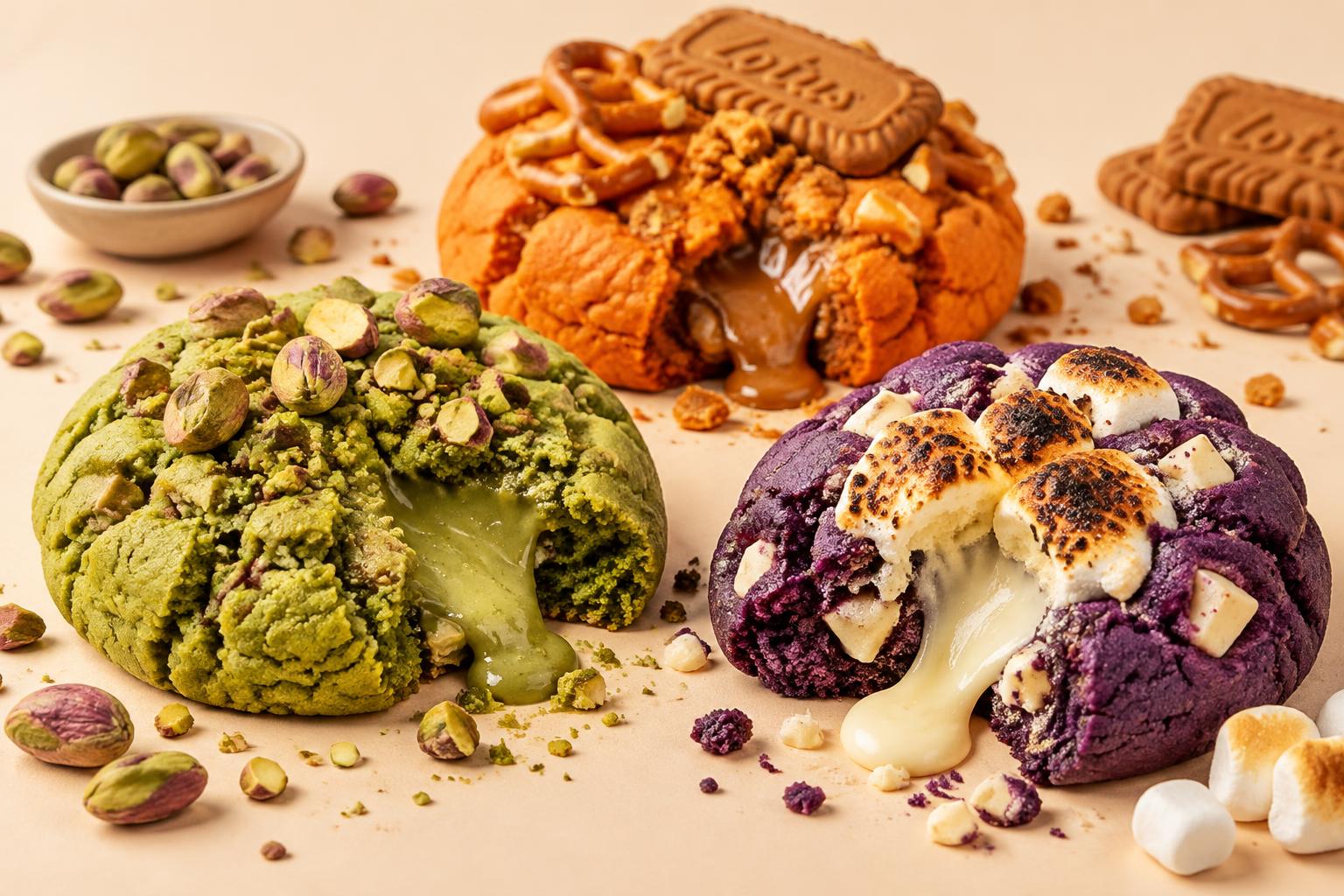 Concept photo of the Monster Bawl Trio cookies: green, orange and purple