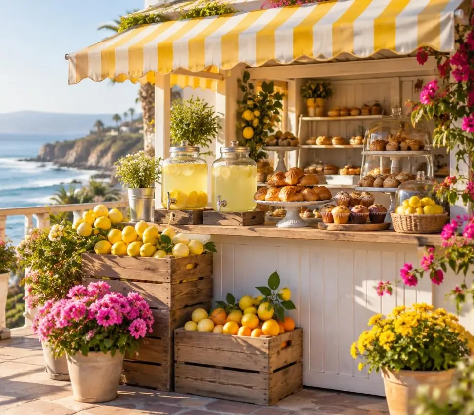 Our sunny market stand with a striped awning, fresh lemons, lemonade and trays of baked goods (styled concept photo)
